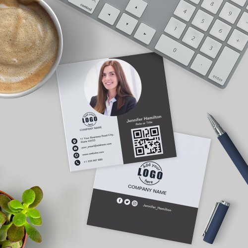 Professional Black and White add  Photo QR Code Sq Square Business Card
