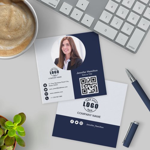 Professional Black and White add  Photo QR Code Sq Square Business Card