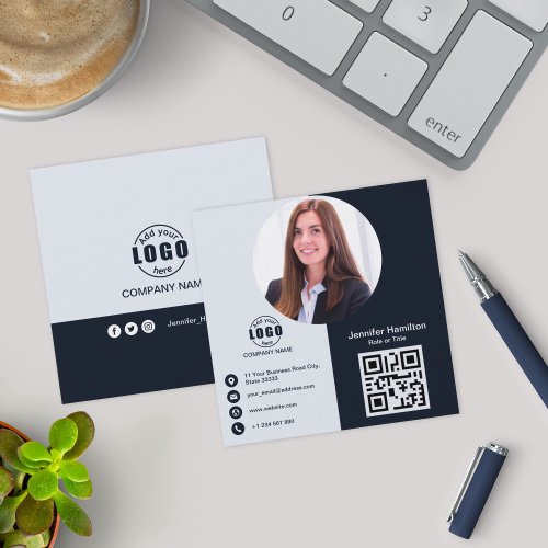 Professional Black and White add  Photo QR Code Square Business Card