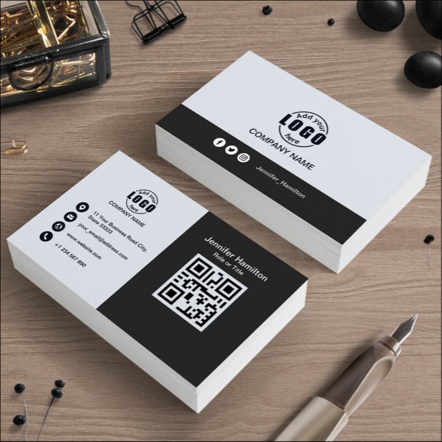 Professional Black and White add your Logo QR Code Business Card (Creator Uploaded)