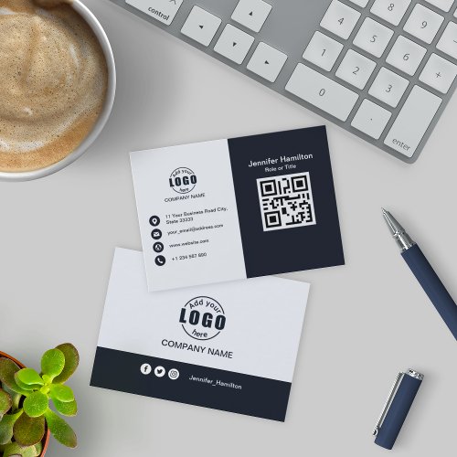 Professional Black and White add your Logo QR Code Business Card