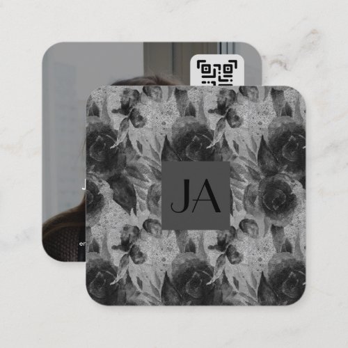Professional Black and White Floral Photo QR Code Square Business Card
