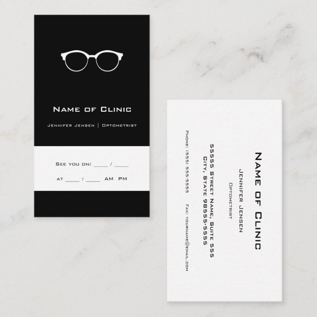 Professional Black and White Glasses Eye Exam Business Card (Front/Back)