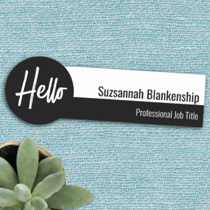 Professional Black and White Hello Script Name Tag