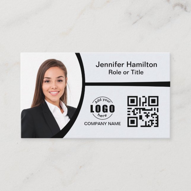 Professional Black and White Logo QR Code Photo Business Card (Front)