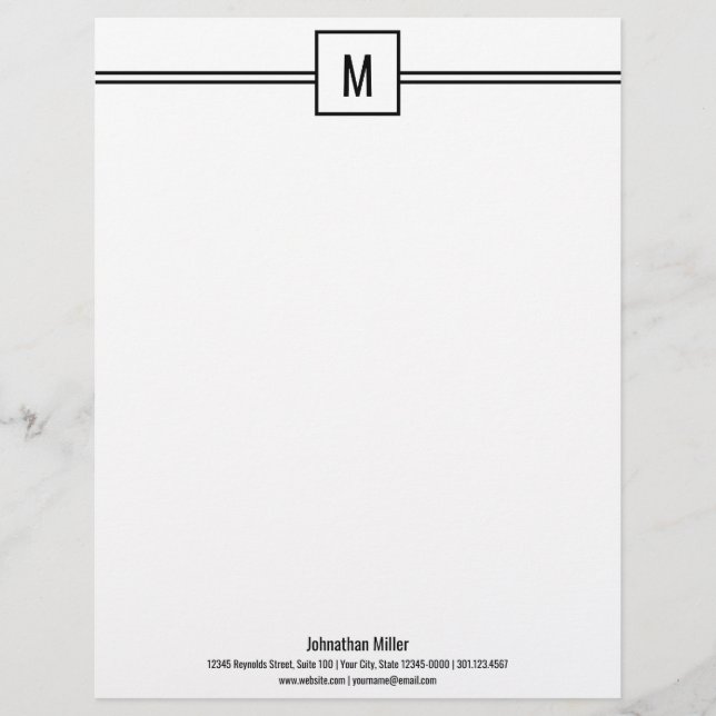 Professional Black and White Monogrammed Business Letterhead (Front)