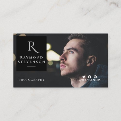 Professional Black and White Monogrammed Photo Business Card
