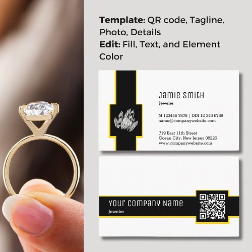 Professional Black and White QR Code Jeweler Business Card