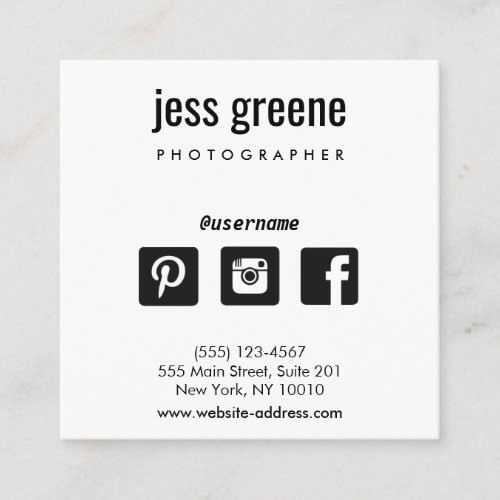 Professional Black and White Social Media Icons Square Business Card