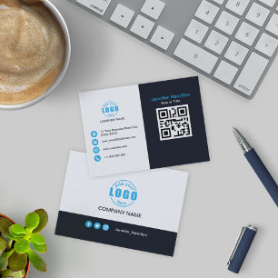 Professional Black Blue add your Logo QR Code Business Card