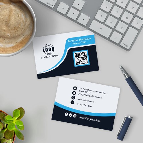 Professional Black Blue add your Logo QR Code Business Card