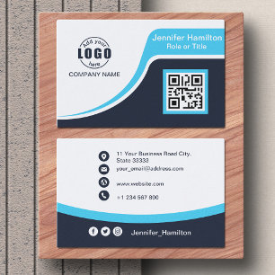 Professional Black Blue add your Logo QR Code Business Card