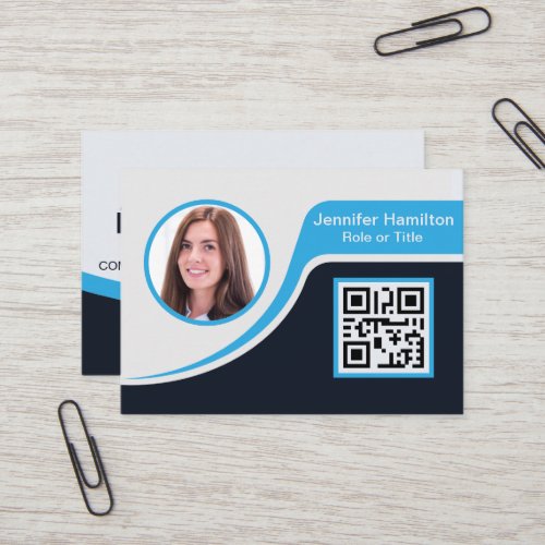 Professional Black Blue add your Logo QR Code Squa Business Card