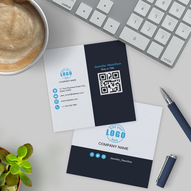 Professional Black Blue add your Logo QR Code Square Business Card (Creator Uploaded)