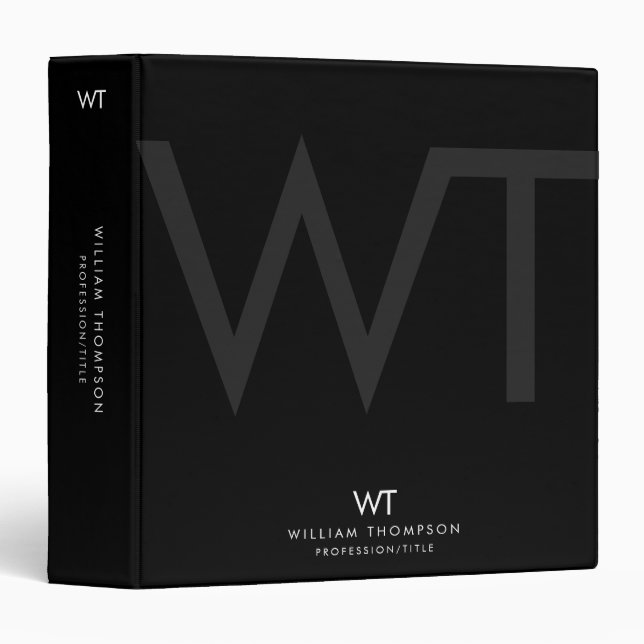 Professional Black Business Monogram Initials  3 Ring Binder (Front/Spine)