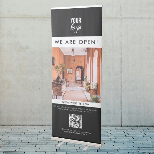 Professional Black Business We Are Open Photo Retractable Banner