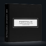 Professional Black Custom Name Portfolio 3 Ring Binder<br><div class="desc">Modern portfolio binder features a minimal design in a black and white color palette. Portfolio information presented in simple font in a white window with a coordinating frame. Shown with a custom portfolio information, name and title on the front in modern typography, this personalized professional binder is designed with custom...</div>