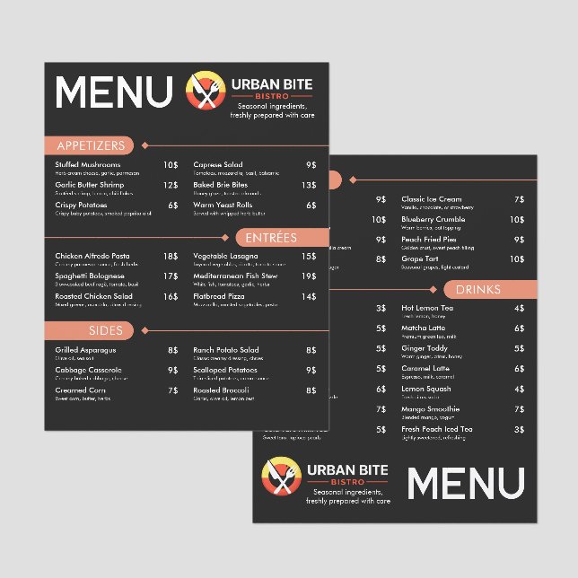 Professional Black Editable Bistro & Cafe Menu (Front/Back)