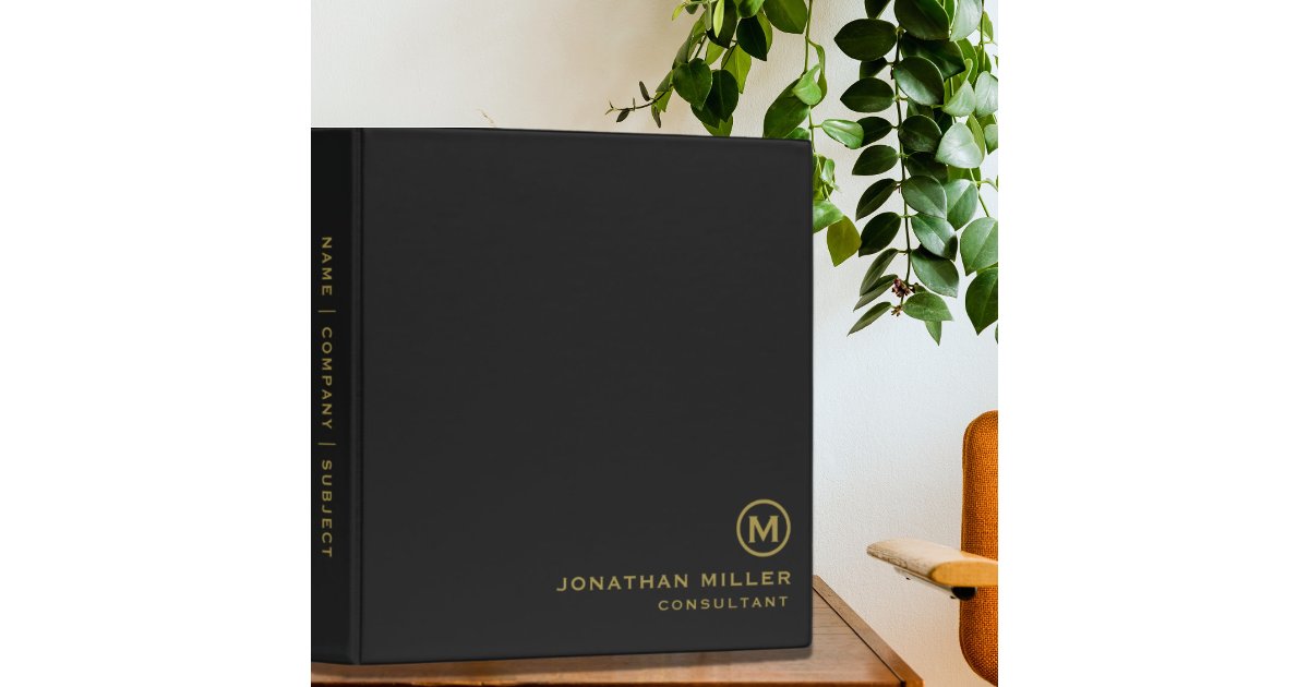 Professional Black Gold Custom Monogram 3 Ring Binder | Zazzle
