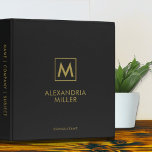 Professional Black Gold Custom Name 3 Ring Binder<br><div class="desc">Modern professional binder features a minimal design in a black and gold color palette. Custom monogram name and title in stylish simple font and custom name,  company or subject on the spine.</div>