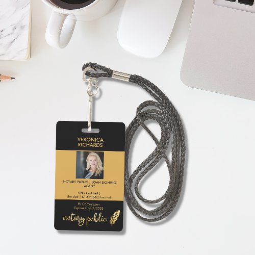 Professional Black  Gold Feather Notary Photo ID Badge