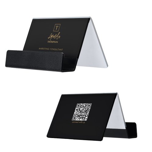 Professional Black Gold Luxury Monogram QR Code Desk Business Card Holder