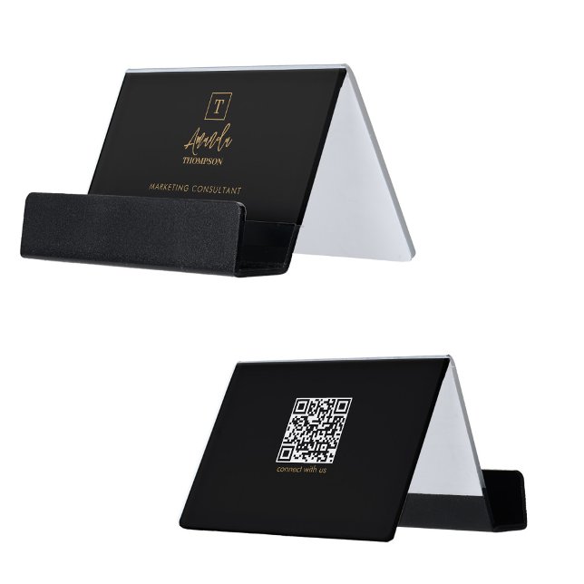 Professional Black Gold Luxury Monogram QR Code Desk Business Card Holder (Professional Black Gold Luxury Monogram QR Code Desk Business Card Holder)