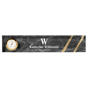 Professional Black & Gold Marble Monogram Desk Name Plate