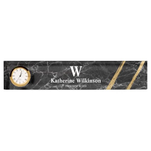 Professional Black  Gold Marble Monogram  Desk Name Plate