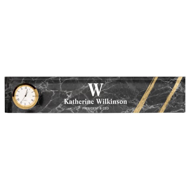 Professional Black & Gold Marble Monogram  Desk Name Plate (Front)
