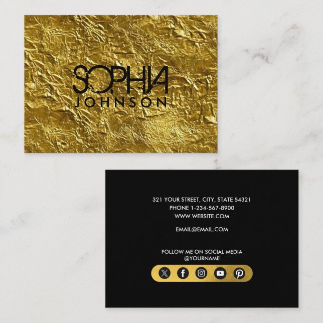 Professional Black & Gold Minimalist Social Media Business Card (Front/Back)