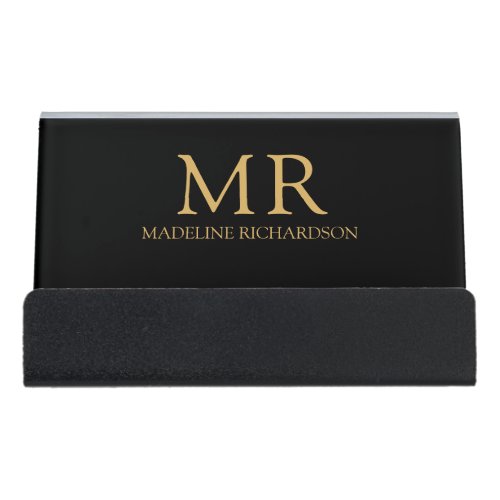 Professional Black Gold Monogram Name Initials     Desk Business Card Holder