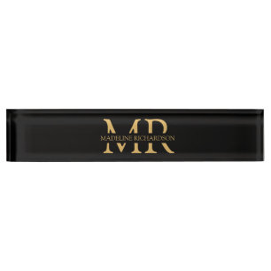 Professional Black Gold Monogram Name Initials Desk Name Plate