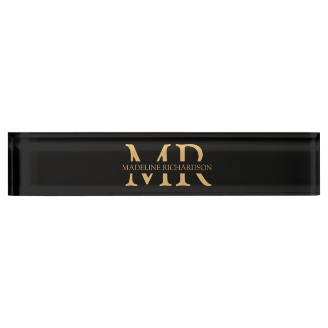Professional Black Gold Monogram Name Initials  Desk Name Plate (Front)