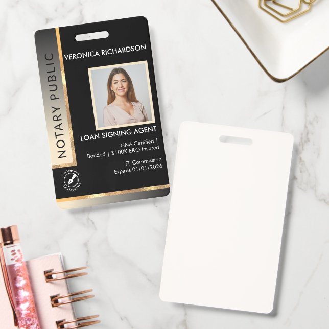 Professional Black & Gold Notary Photo ID Badge (Office)