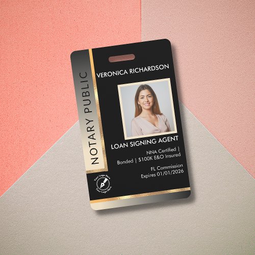 Professional Black  Gold Notary Photo ID Badge
