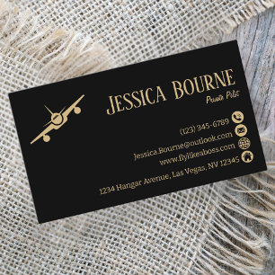 Professional Black Gold Pilot Aviation Modern Business Card