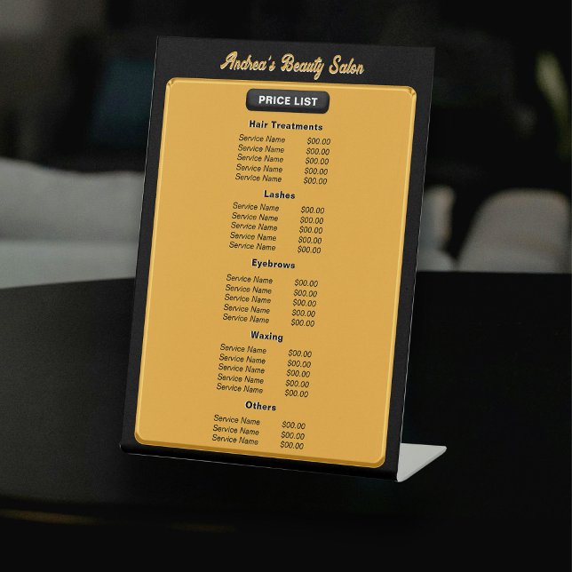 Professional Black Gold Salon Price List Modern  Pedestal Sign (Creator Uploaded)
