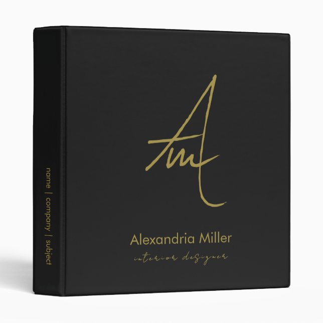 Professional Black Gold Script Monogram 3 Ring Binder (Front/Spine)