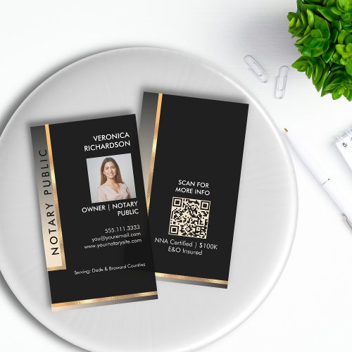 Professional Black  Gold Stylish Notary Photo QR Business Card