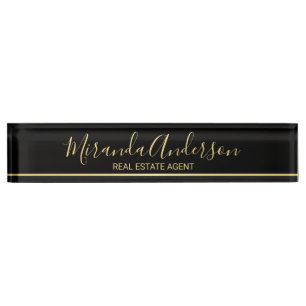 Professional Black & Gold with Modern Script Name Desk Name Plate