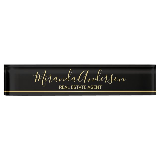 Professional Black & Gold with Modern Script Name Desk Name Plate (Front)
