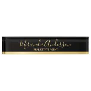 Professional Black & Gold with Modern Script Name Desk Name Plate