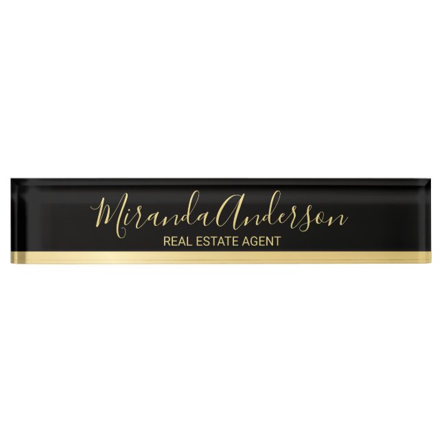 Professional Black & Gold with Modern Script Name Desk Name Plate (Front)