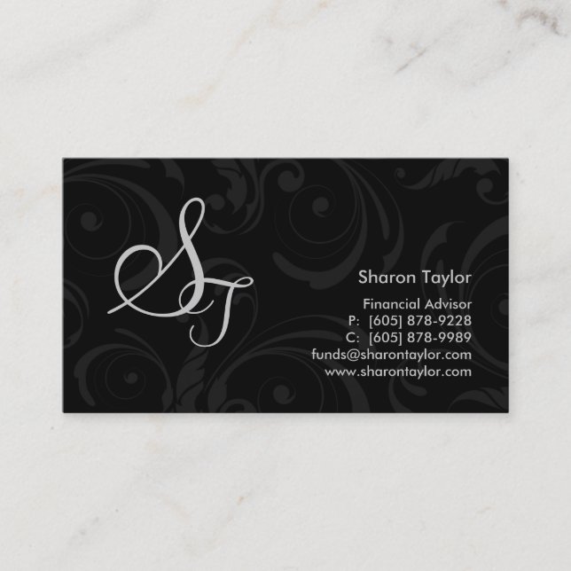 Professional Black & Gray Business Card Swirls (Front)
