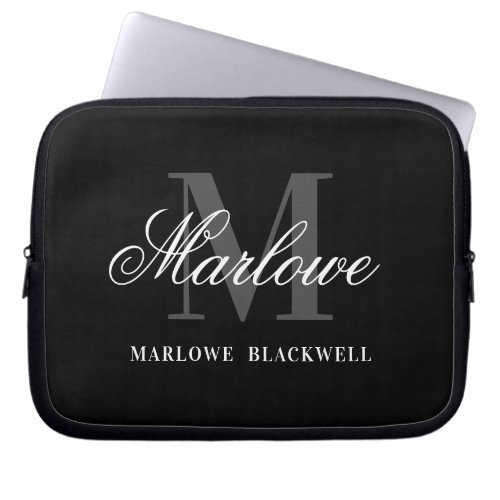 Professional Black Gray Monogram Script Laptop Sleeve