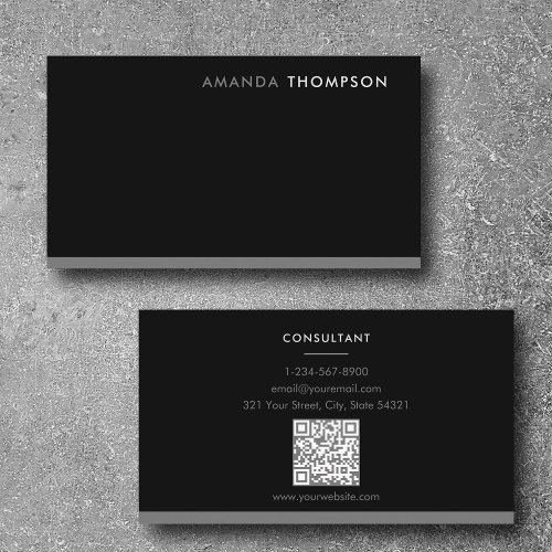 Professional Black Gray Simple Minimalist QR Code  Business Card