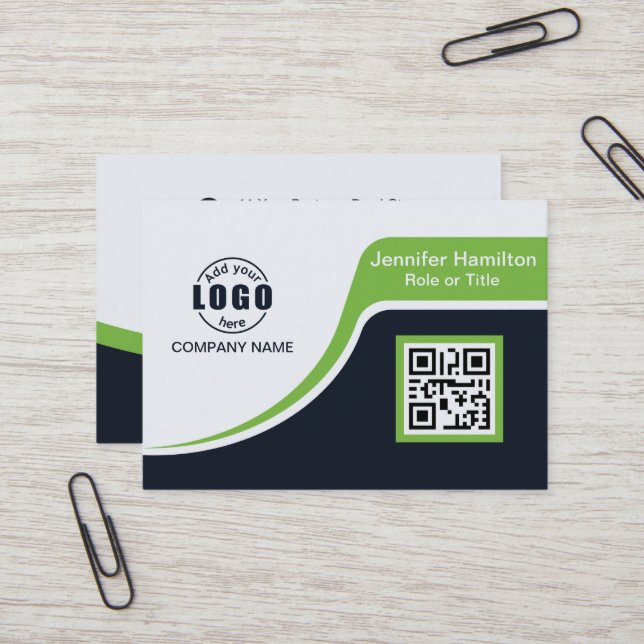 Professional Black Green add your Logo QR Code Bus Business Card (Front/Back In Situ)