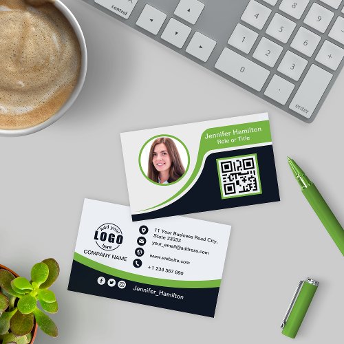 Professional Black Green add your Logo QR Code Business Card