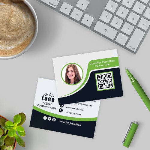 Professional Black Green add your Logo QR Code Business Card